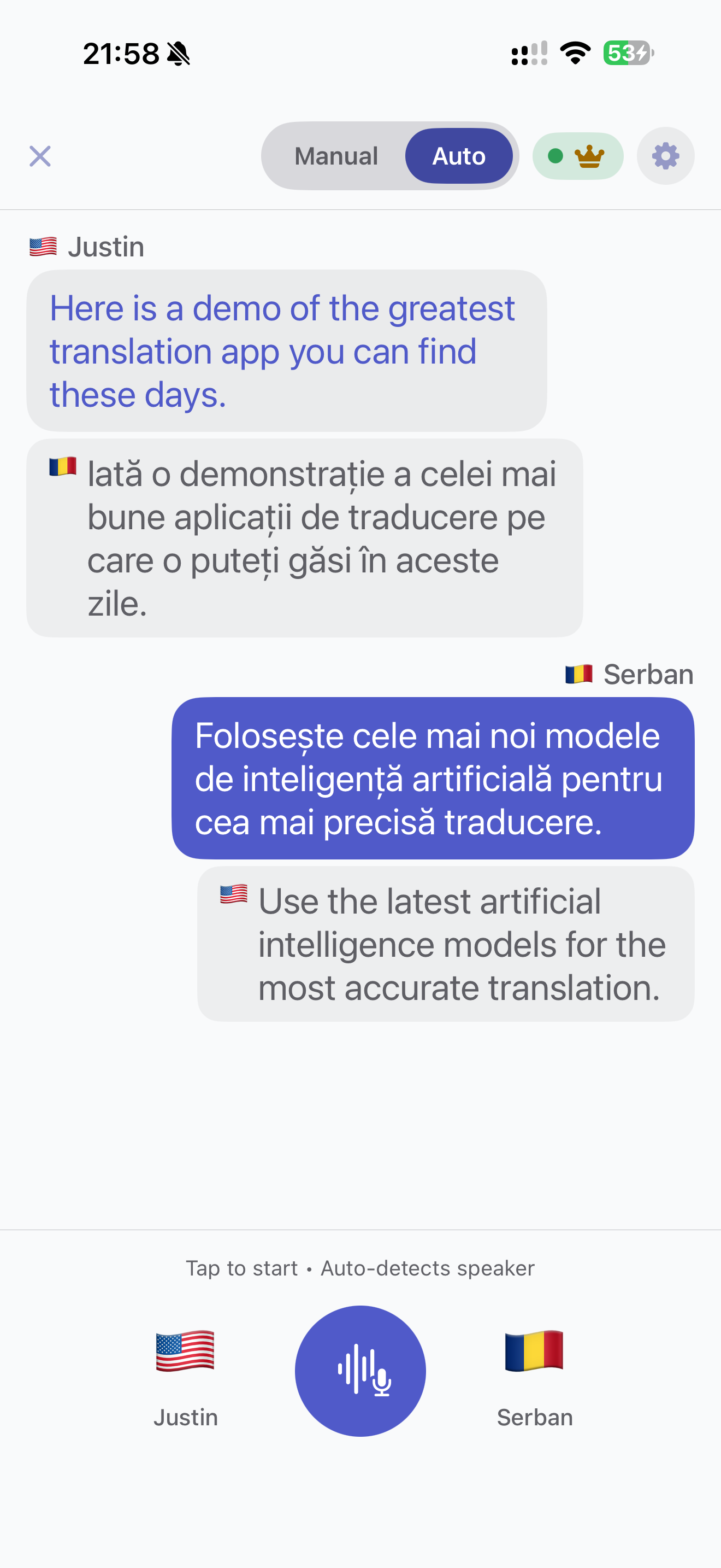 FlowChat Translate app showing a live bilingual conversation