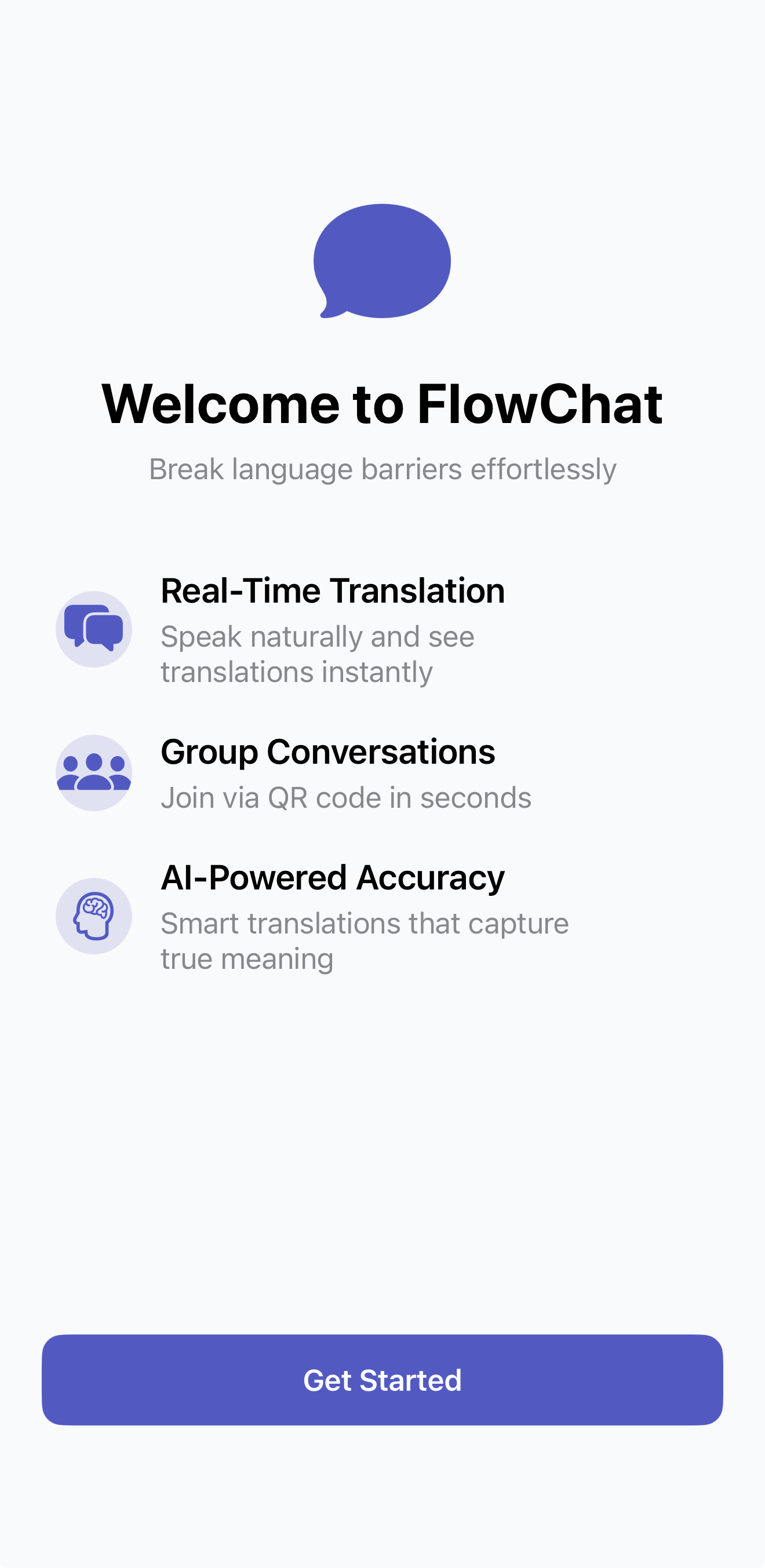 FlowChat onboarding screen showing Real-Time Translation, Group Conversations, and AI-Powered Accuracy features