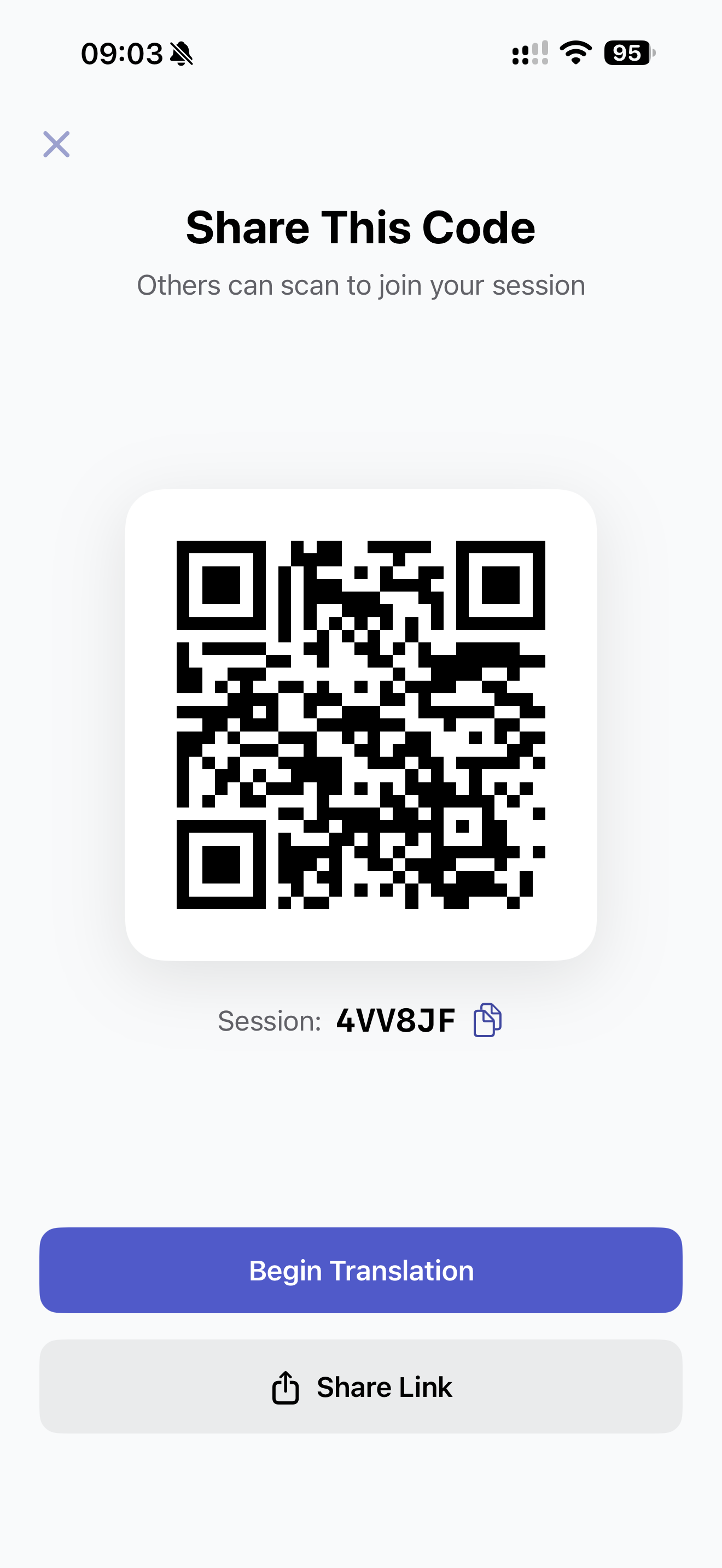 FlowChat share screen with a QR code and session code for joining a translation session